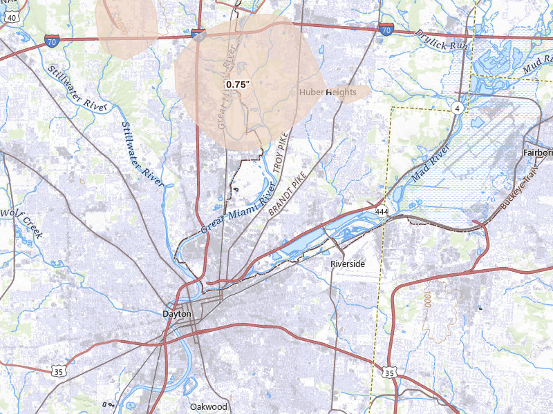 Radar-estimated hail-size map of the storm over Dayton, OH on Aug 11, 2026