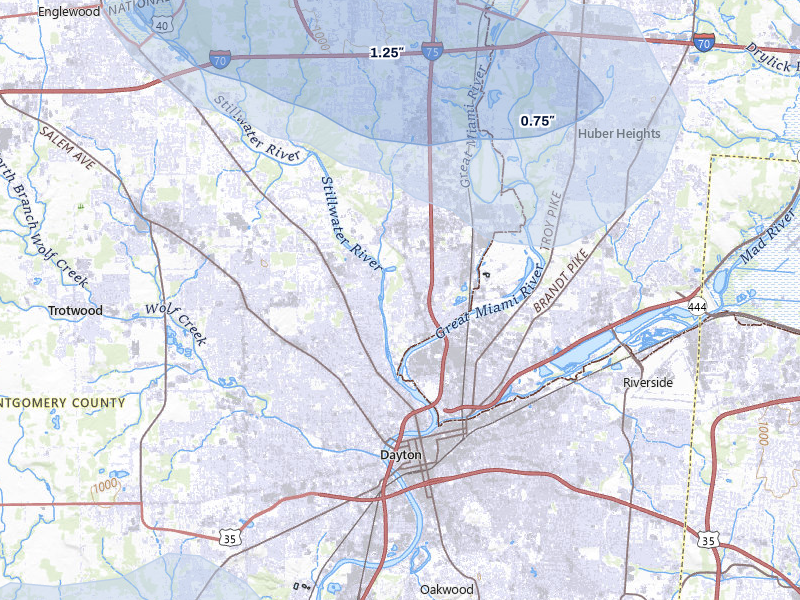 NEXRAD radar-signature map of the hail storm over Dayton, OH on Aug 11, 2026