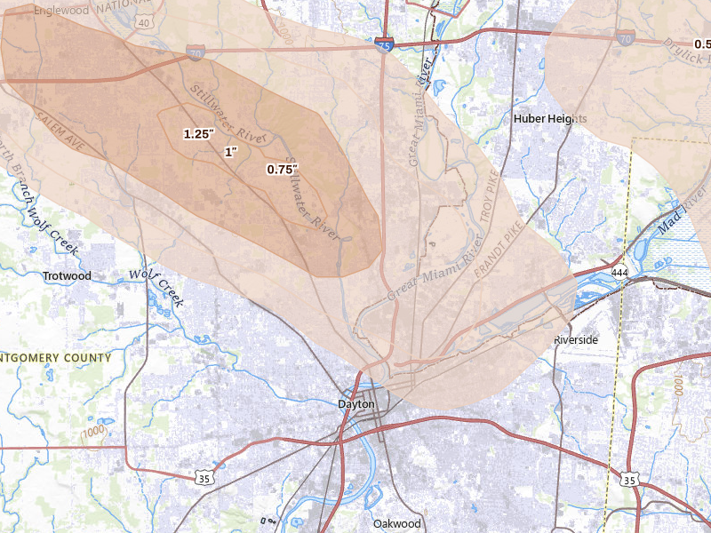 Radar-estimated hail-size map of the storm over Dayton, OH