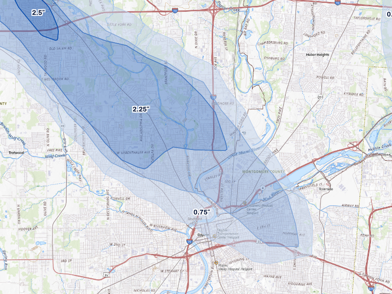 NEXRAD radar-signature map of the hail storm over Dayton, OH on Sep 4, 2026