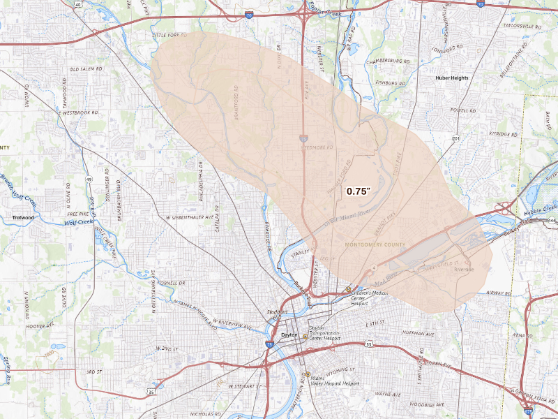 Radar-estimated hail-size map of the storm over Dayton, OH