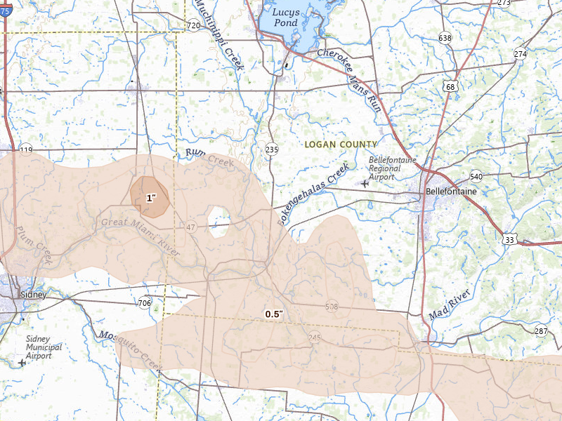 Radar-estimated hail-size map of the storm over De Graff, OH on Mar 22, 2026