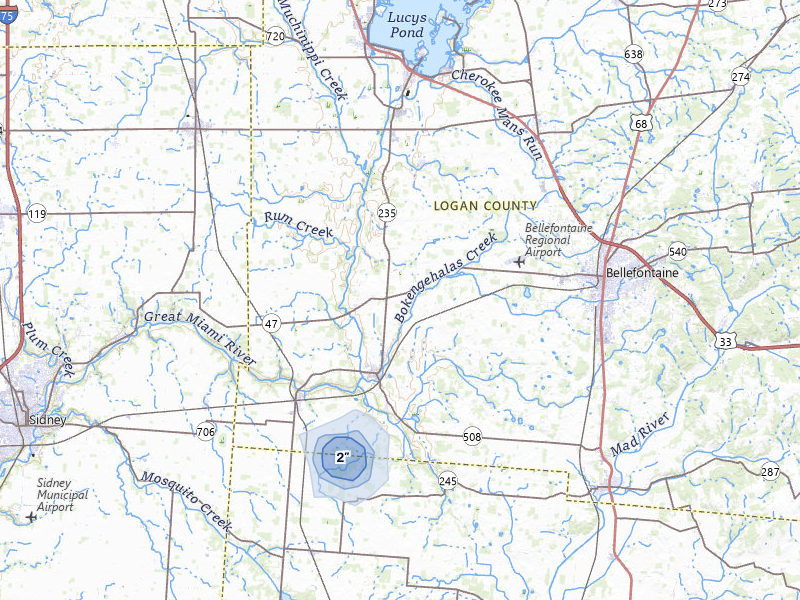 NEXRAD radar-signature map of the hail over De Graff, OH
