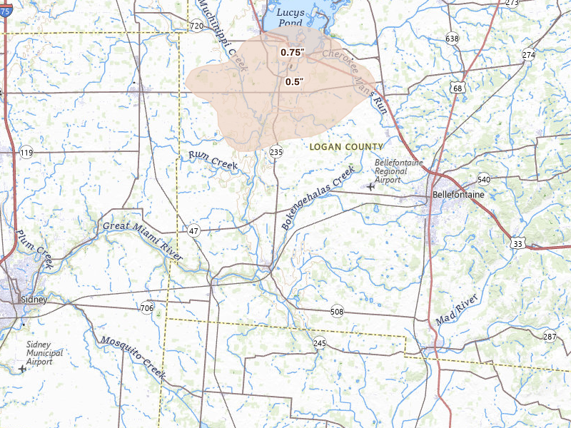 Radar-estimated hail-size map of the storm over De Graff, OH on Apr 22, 2026