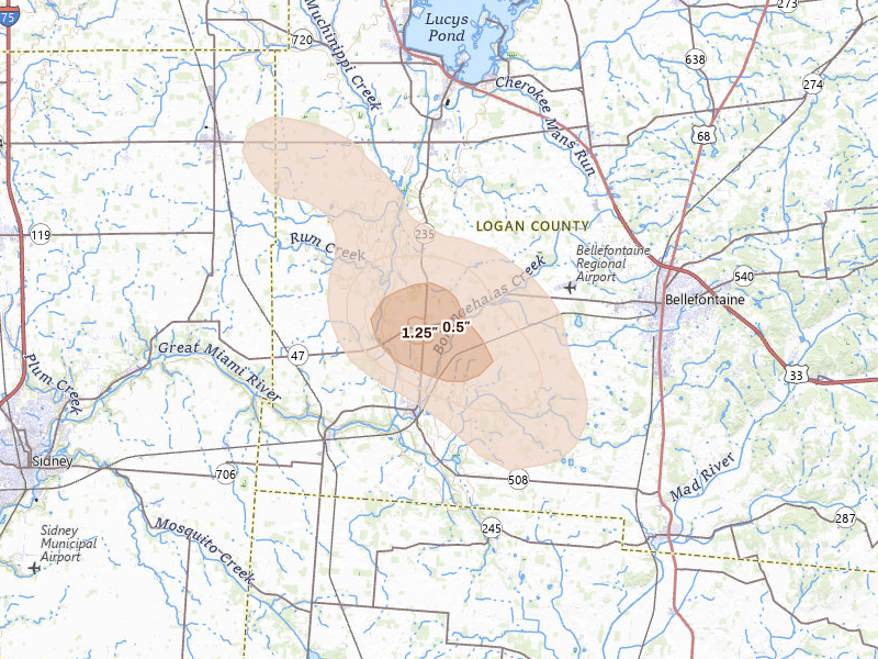 Radar-estimated hail-size map of the storm over De Graff, OH on Sep 3, 2026