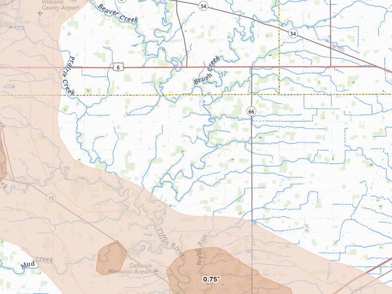 Radar-estimated hail-size map of the storm over Defiance, OH on Mar 26, 2026