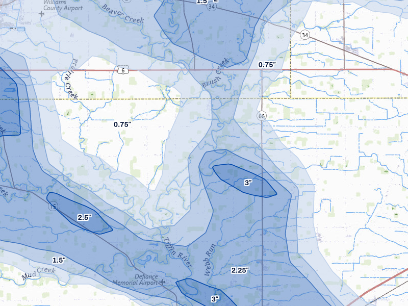 NEXRAD radar-signature map of the hail over Defiance, OH