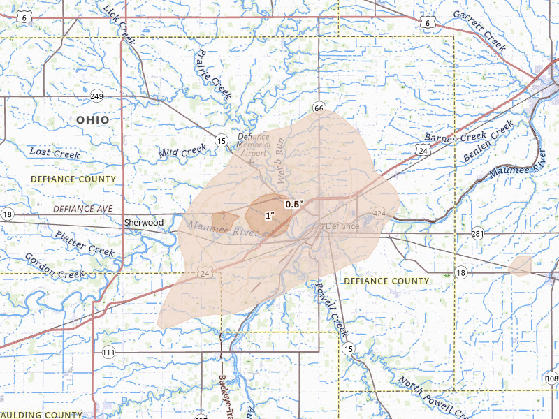 Radar-estimated hail-size map of the storm over Defiance, OH on Aug 9, 2026