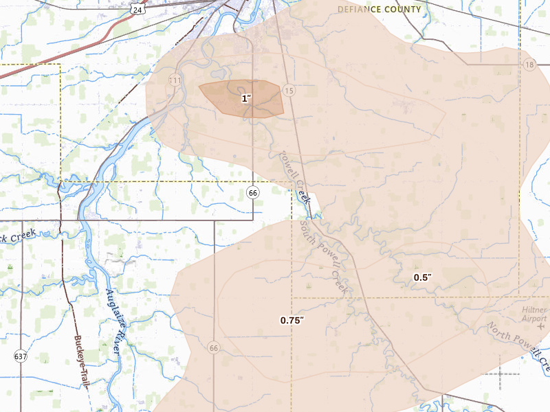 Radar-estimated hail-size map of the storm over Defiance, OH on Aug 10, 2026
