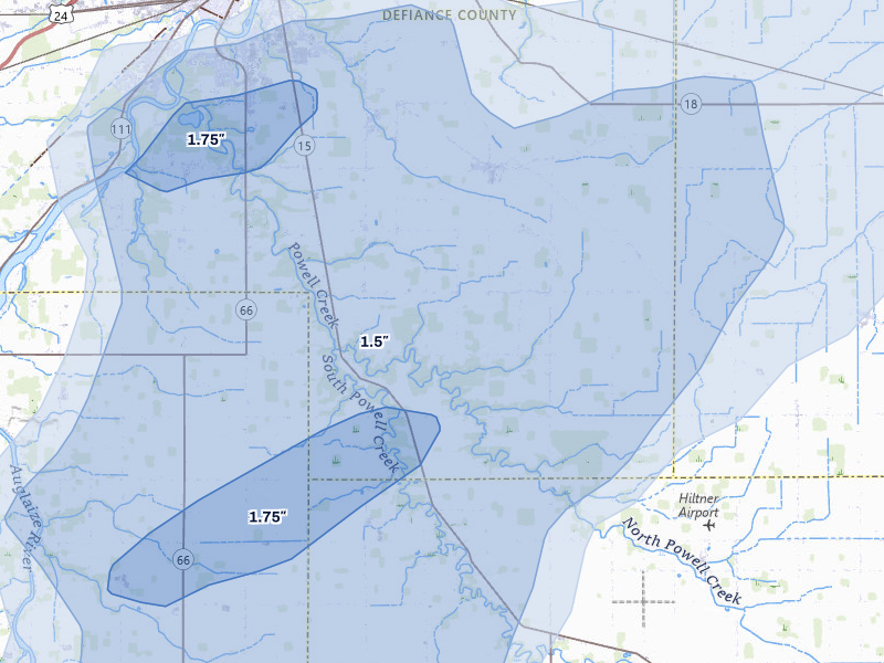 NEXRAD radar-signature map of the hail storm over Defiance, OH on Aug 10, 2026