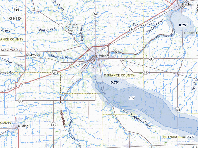 NEXRAD radar-signature map of the hail storm over Defiance, OH on Sep 3, 2026