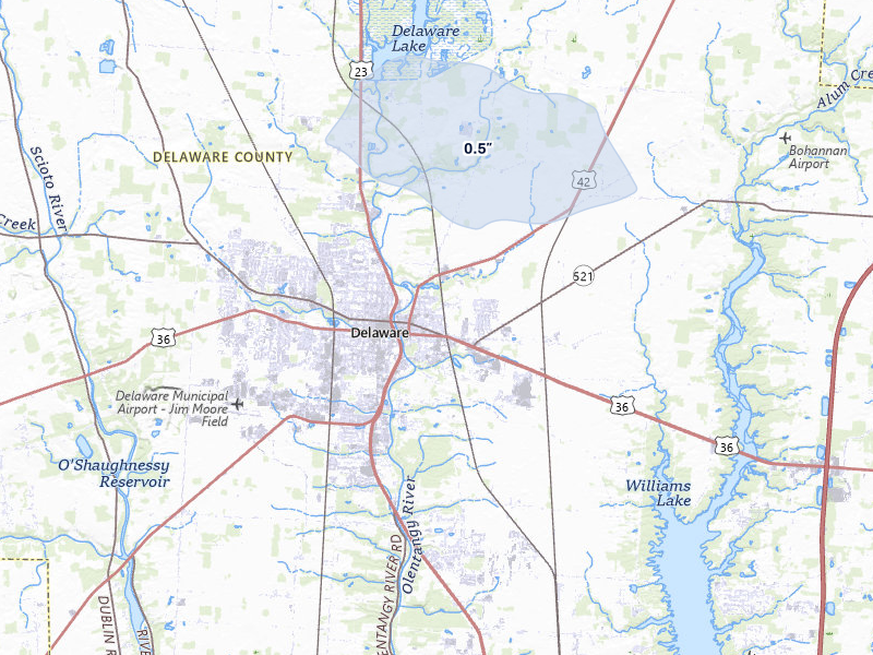 NEXRAD radar-signature map of the hail storm over Delaware, OH on Mar 22, 2026