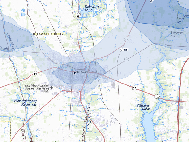 NEXRAD radar-signature map of the hail storm over Delaware, OH on Jun 6, 2026