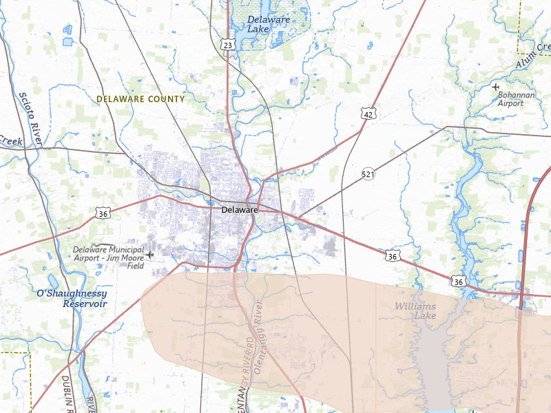 Radar-estimated hail-size map of the storm over Delaware, OH on Jul 21, 2026