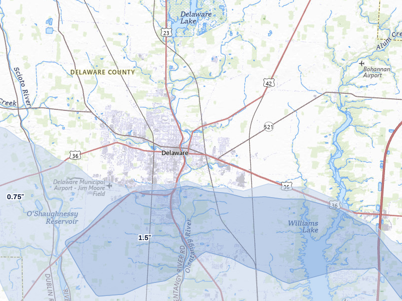 NEXRAD radar-signature map of the hail over Delaware, OH