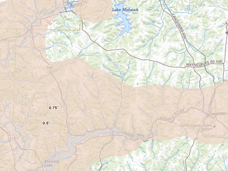 Radar-estimated hail-size map of the storm over Dellroy, OH on Aug 10, 2026