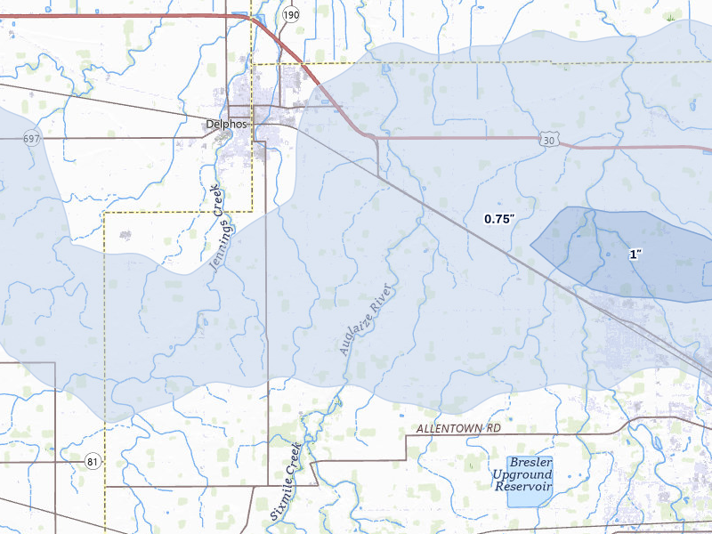 NEXRAD radar-signature map of the hail storm over Delphos, OH on Mar 22, 2026