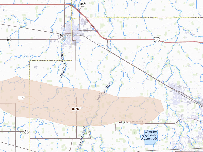 Radar-estimated hail-size map of the storm over Delphos, OH on Apr 3, 2026