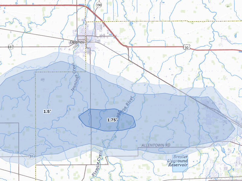 NEXRAD radar-signature map of the hail over Delphos, OH