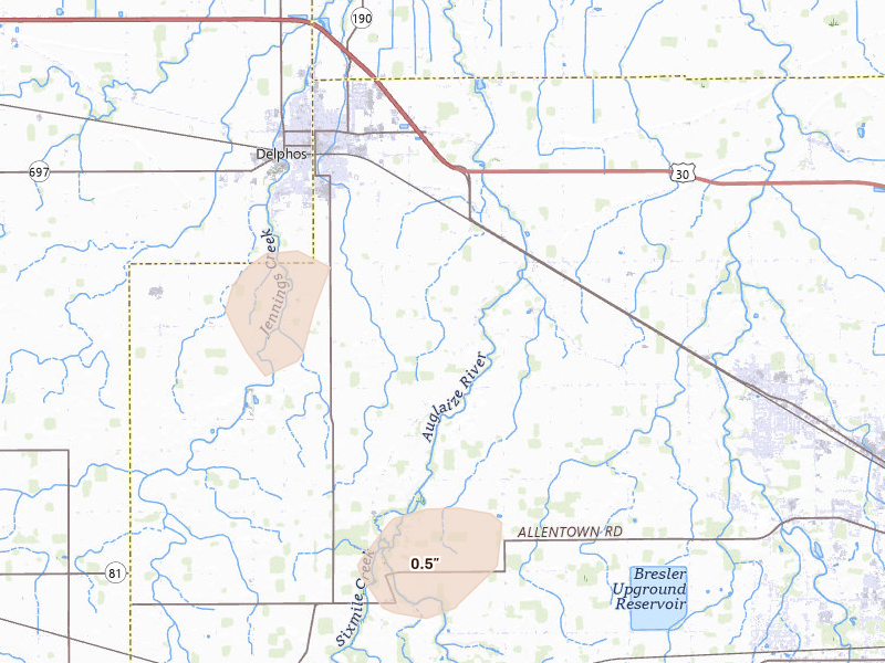 Radar-estimated hail-size map of the storm over Delphos, OH on Jul 3, 2026