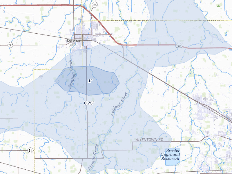 NEXRAD radar-signature map of the hail storm over Delphos, OH on Jul 3, 2026