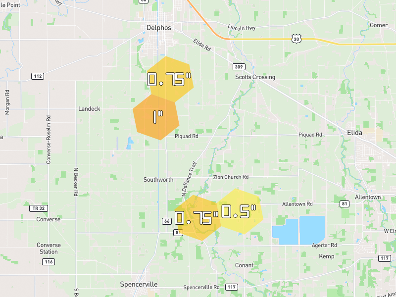 Hail map of Delphos, OH on Jul 3, 2026, hail up to 1"