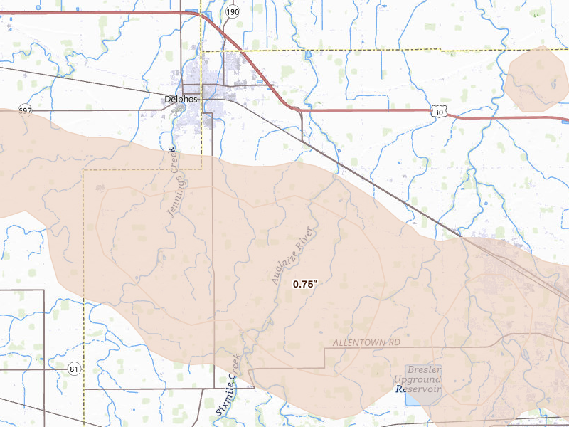 Radar-estimated hail-size map of the storm over Delphos, OH on Aug 12, 2026