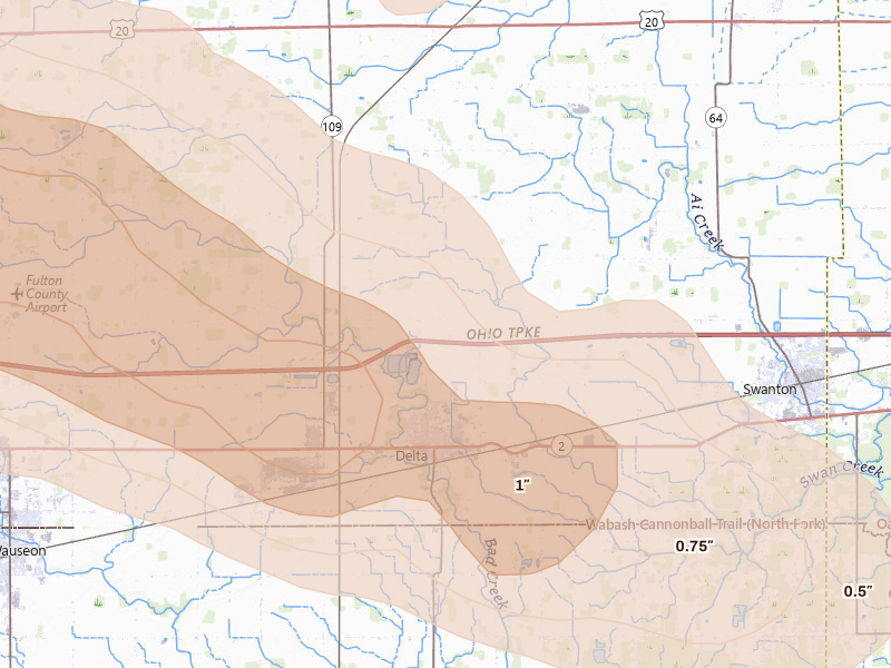 Radar-estimated hail-size map of the storm over Delta, OH on Aug 10, 2026