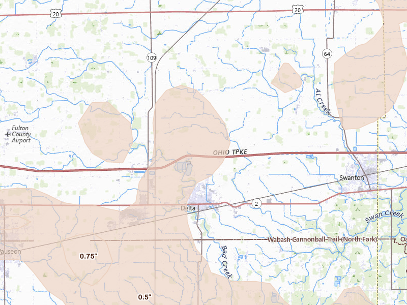 Radar-estimated hail-size map of the storm over Delta, OH on Sep 3, 2026
