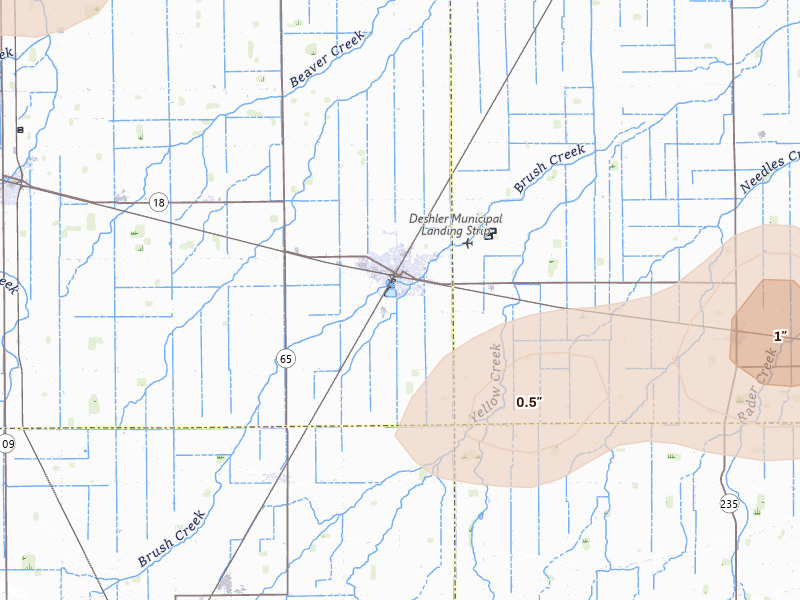 Radar-estimated hail-size map of the storm over Deshler, OH on Apr 15, 2026