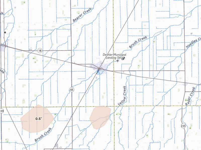 Radar-estimated hail-size map of the storm over Deshler, OH on Jul 20, 2026