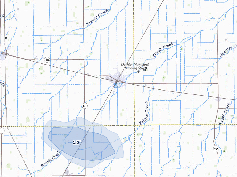 NEXRAD radar-signature map of the hail storm over Deshler, OH on Jul 20, 2026