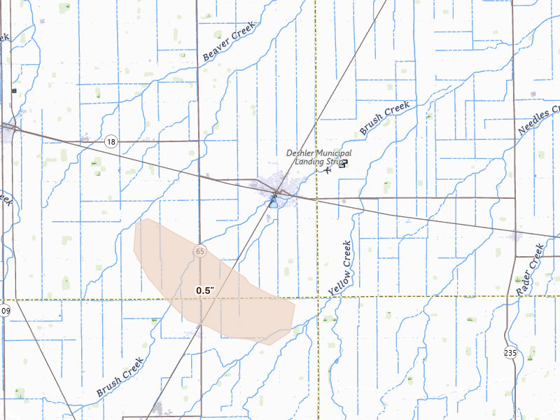 Radar-estimated hail-size map of the storm over Deshler, OH on Jul 21, 2026