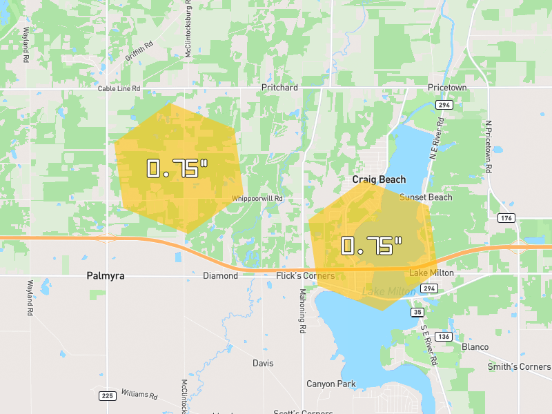Hail map of Diamond, OH on Jul 5, 2026, hail up to 0.75"