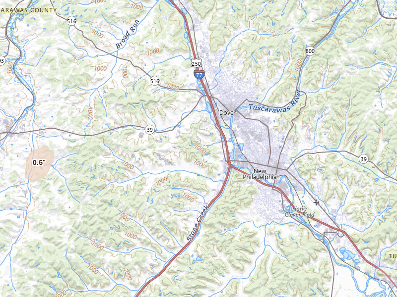 Radar-estimated hail-size map of the storm over Dover, OH on Mar 22, 2026