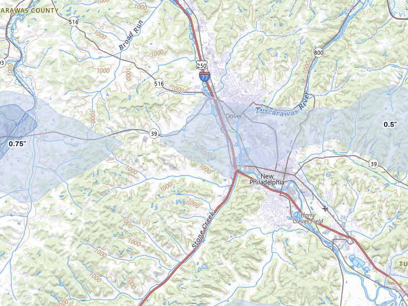 NEXRAD radar-signature map of the hail storm over Dover, OH on Mar 22, 2026