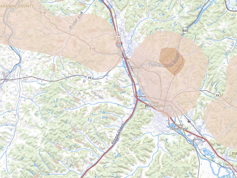 Radar-estimated hail-size map of the storm over Dover, OH on Mar 26, 2026