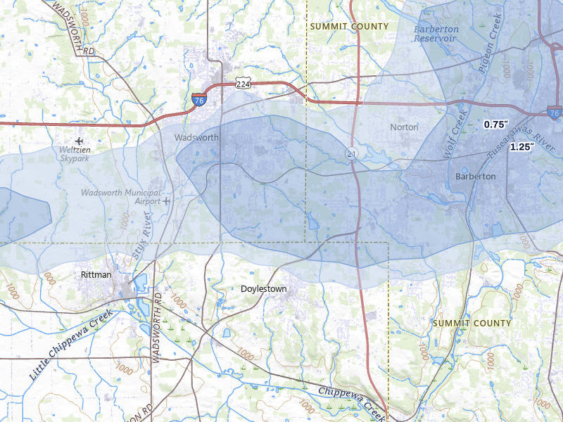 NEXRAD radar-signature map of the hail storm over Doylestown, OH on Mar 22, 2026