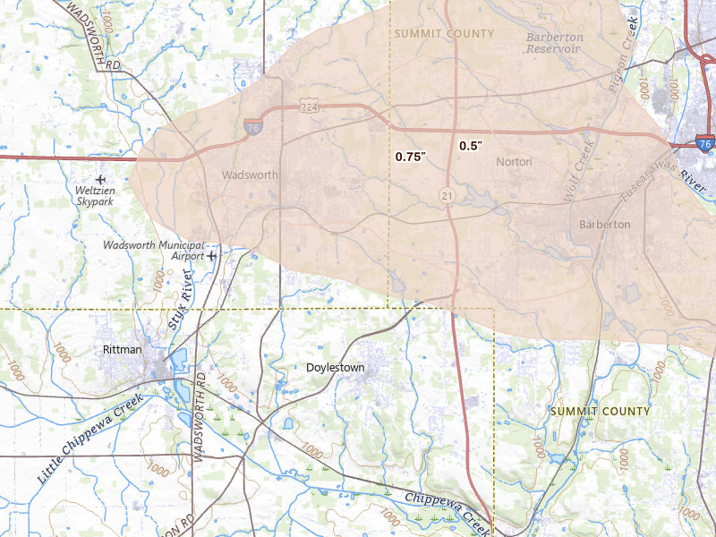Radar-estimated hail-size map of the storm over Doylestown, OH on Jun 10, 2026