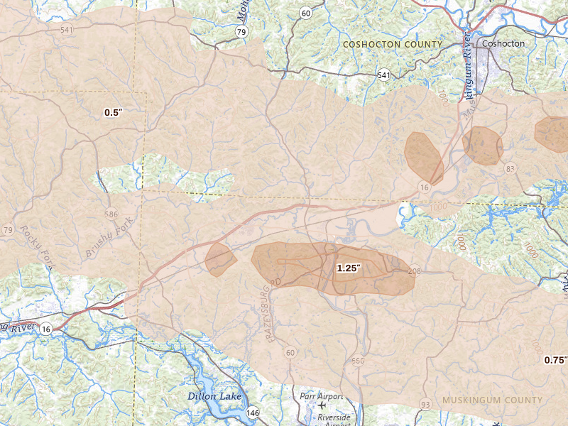 Radar-estimated hail-size map of the storm over Dresden, OH on Mar 22, 2026