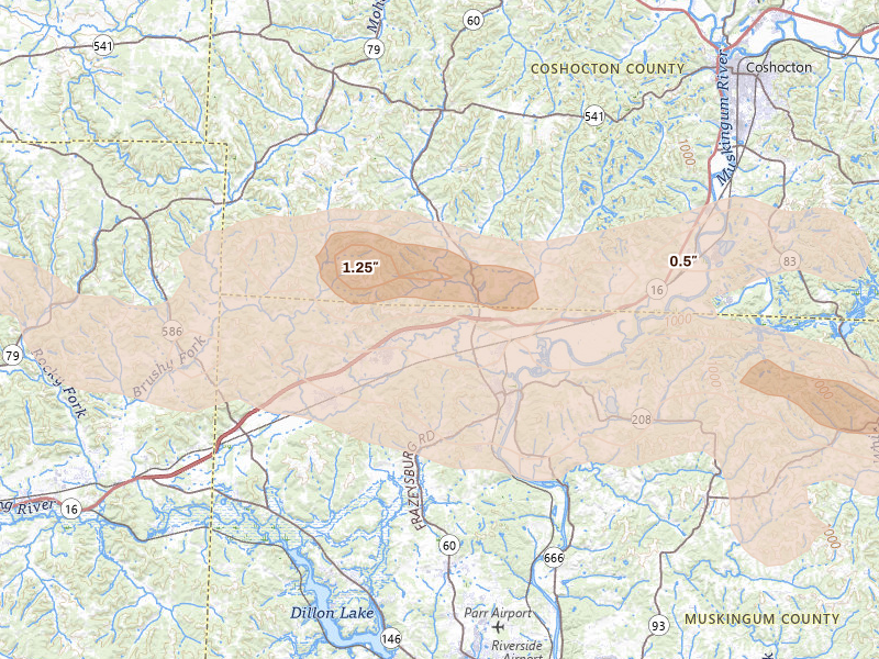 Radar-estimated hail-size map of the storm over Dresden, OH on Jun 6, 2026