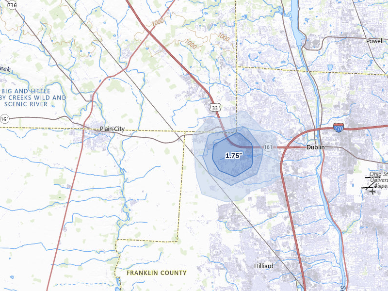 NEXRAD radar-signature map of the hail storm over Dublin, OH on Mar 21, 2026