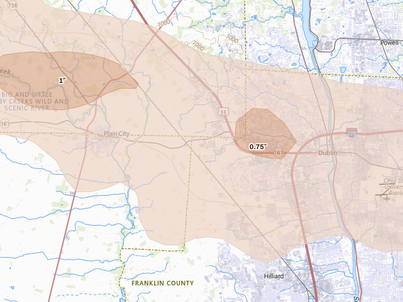 Radar-estimated hail-size map of the storm over Dublin, OH on Mar 22, 2026