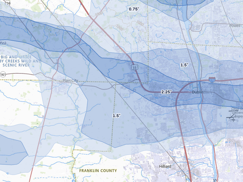 NEXRAD radar-signature map of the hail storm over Dublin, OH on Mar 22, 2026