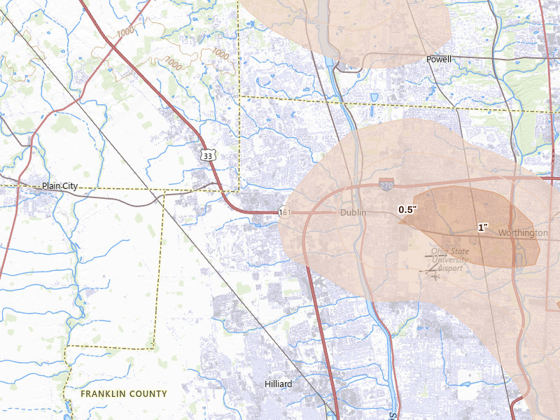 Radar-estimated hail-size map of the storm over Dublin, OH on Apr 22, 2026