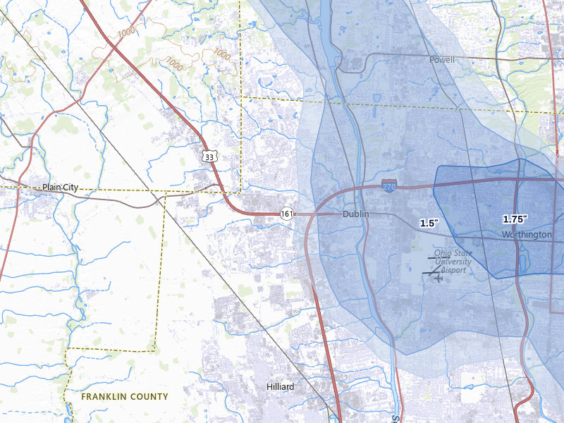 NEXRAD radar-signature map of the hail storm over Dublin, OH on Apr 22, 2026