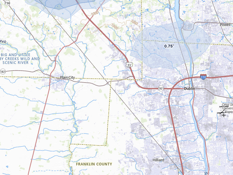 NEXRAD radar-signature map of the hail storm over Dublin, OH on May 16, 2026