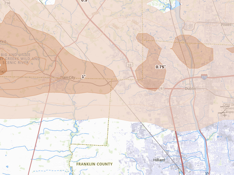 Radar-estimated hail-size map of the storm over Dublin, OH on Jun 6, 2026
