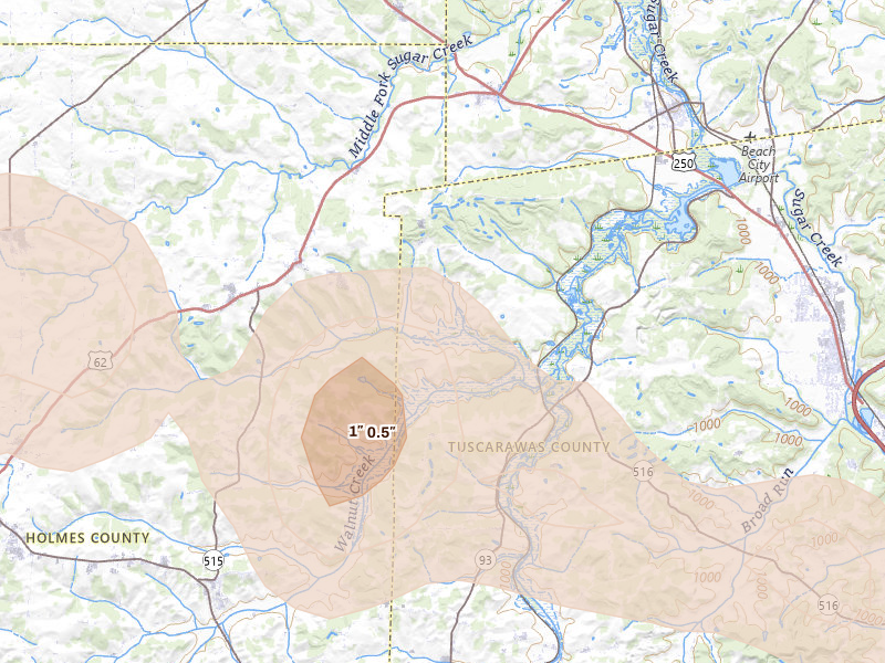 Radar-estimated hail-size map of the storm over Dundee, OH on Mar 26, 2026