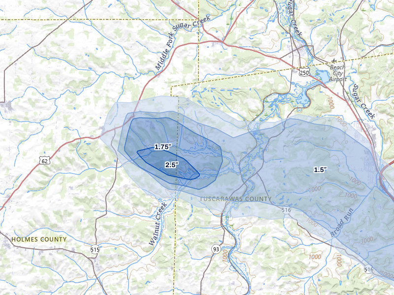 NEXRAD radar-signature map of the hail over Dundee, OH